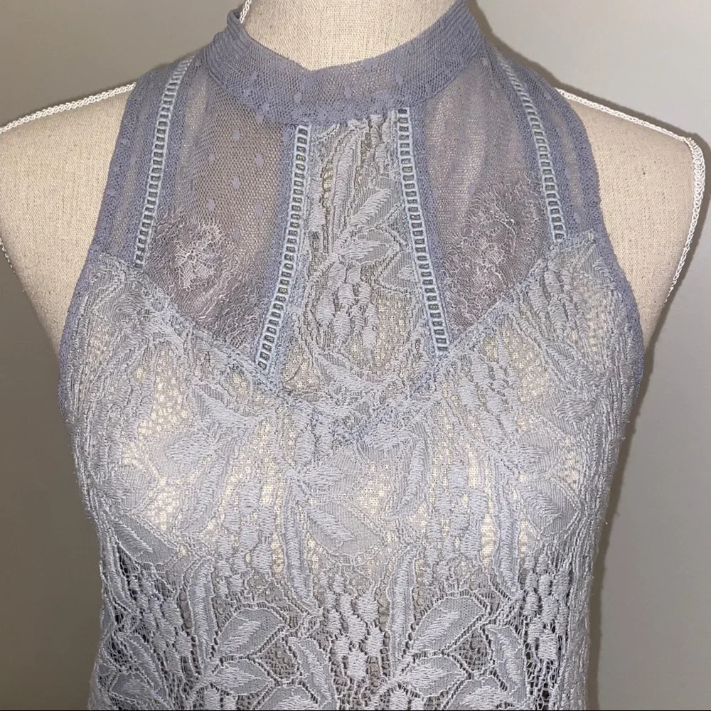 Free People Maisie Lace sheer gray mesh high neck sleeveless tunic top size XS